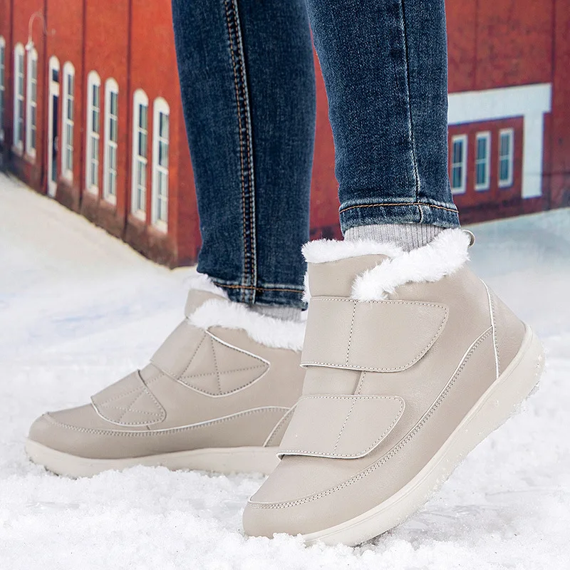 Winter Leather Outdoor Walking Shoes Parents Cotton Shoes Fleece Warm Wide Toe Snow Boots Unisex Plus Size
