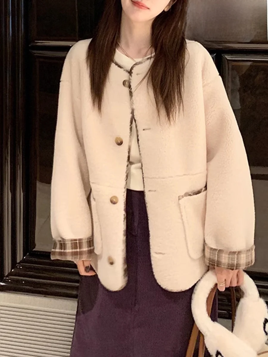 Jaet fourrure d'agneau femmes ort Thiened coréen Sle intercé en cuir et fourrure vêtements de sortie d'hiver trajet Sle coupe ample