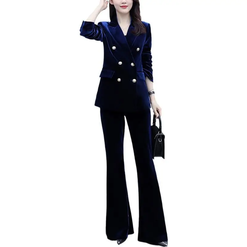 High Suits Outerwear Spring And Autumn Slim Fitting Fashionable Stylish Flare Pants Professional Gold Velvet Suit 2 Piece Sets