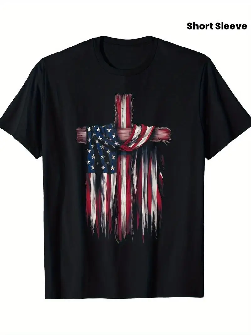 Men's Patriotic Christian Faith T-Shirt, American Flag Cross, Christ & Usa Map, 4Th Of July, Black Short Sleeve Casual Tee Gift