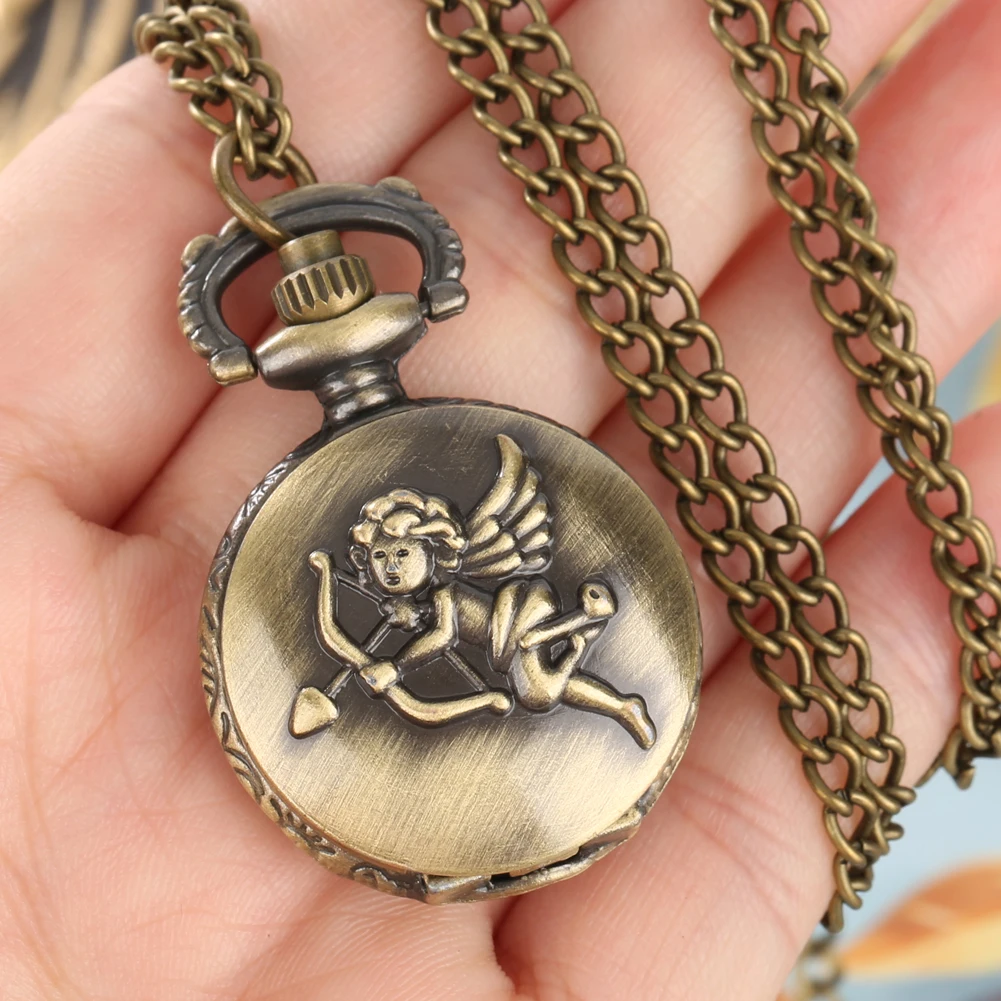 Liefde God Cupido Steampunk Bronzen Ketting Horloge Mannen Vrouwen Quartz Ketting Hanger Pocket Arabische Cijfers Tiny Ketting Pocket Klok