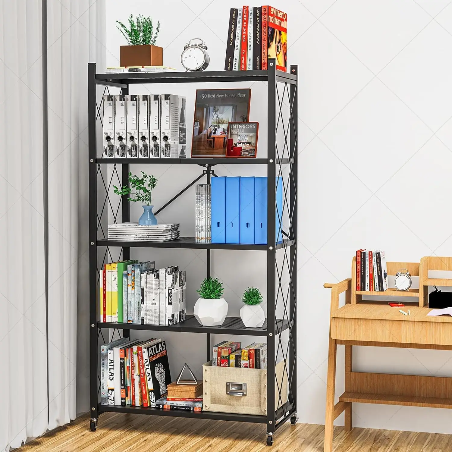 5-Tier Foldable Storage Shelf with Wheels - Metal Collapsible Shelving Unit Display, Rolling Cart for Books Kitchen Storage