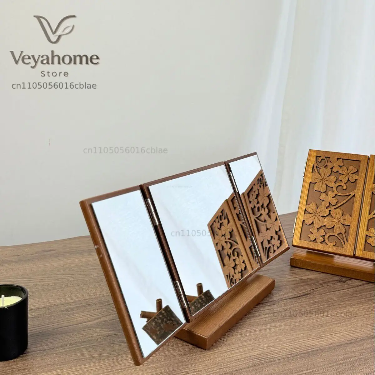 Wooden frame three-sided foldable makeup mirror, household makeup table mirror, desktop retro engraved ornament