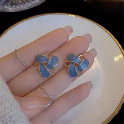 Retro Enamel Blue Triangle Geometric Ear Clips Earrings No Hole Korean Temperament Hollow Out Flower Clip Earrings No Piercing