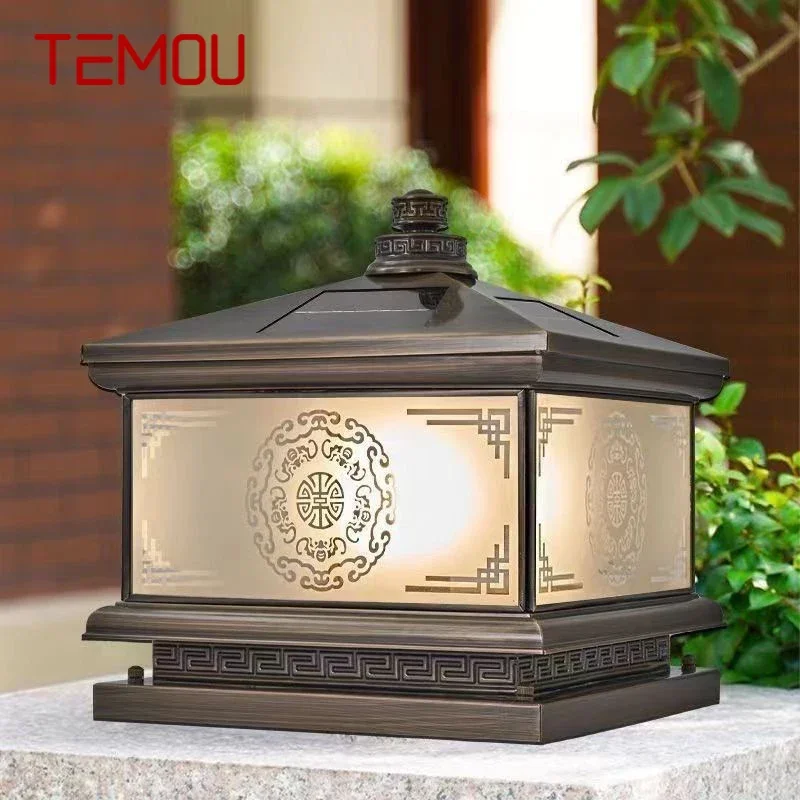 TEMOU Outdoor Solar Post Lamp Vintage Creative Chinese Brass  Pillar Light LED Waterproof IP65 for Home Villa Courtyard