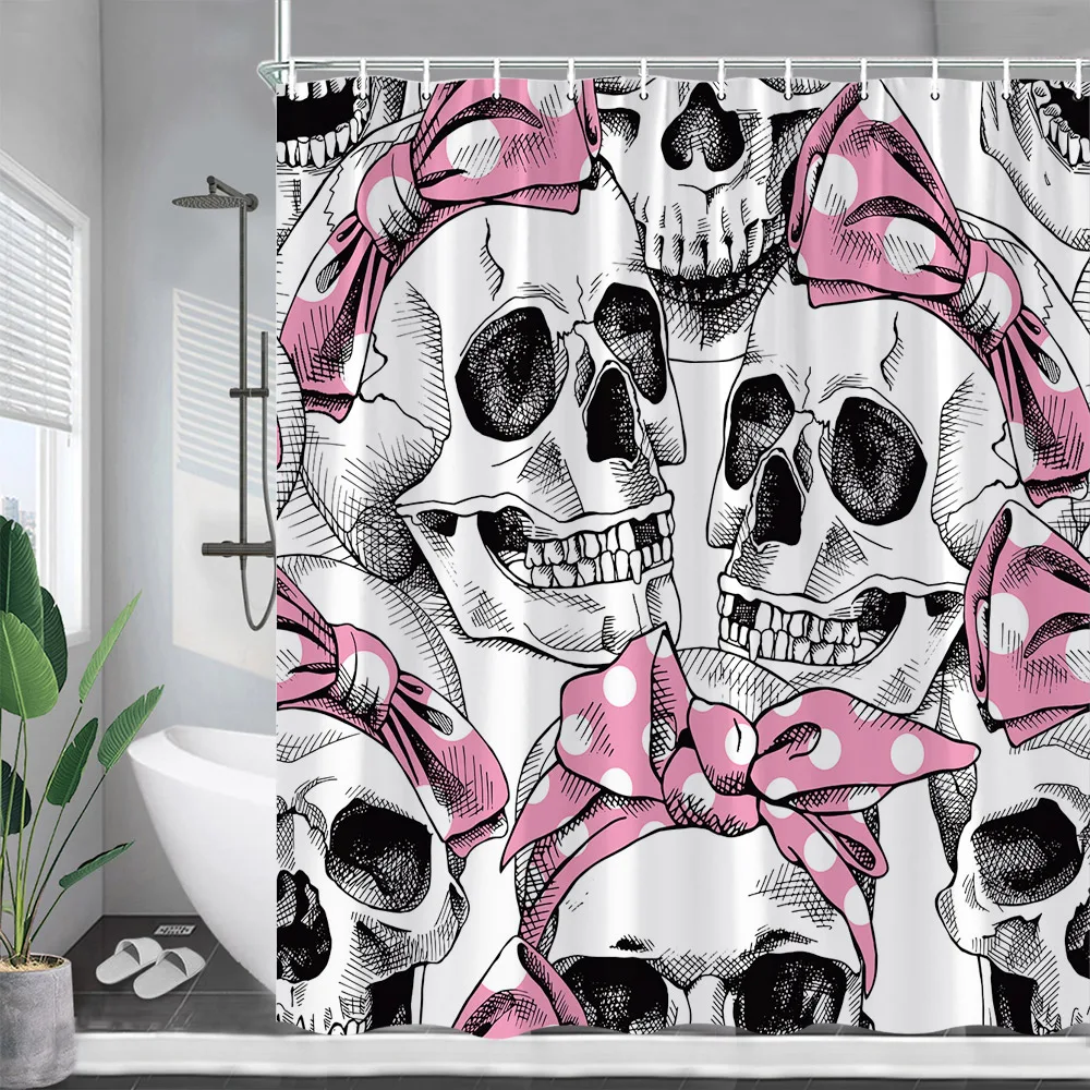 Floral Skull Shower Curtains Pink Flowers Skeleton Watercolour Art Funny Halloween Bath Curtain Fabric Bathroom Decor with Hooks