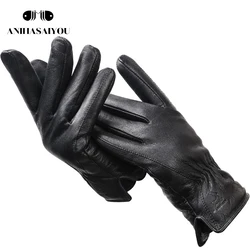 2020 New deer skin gloves male winter,Simple mens leather gloves, Soft men's gloves,Black Genuine Leather touch gloves - 8025