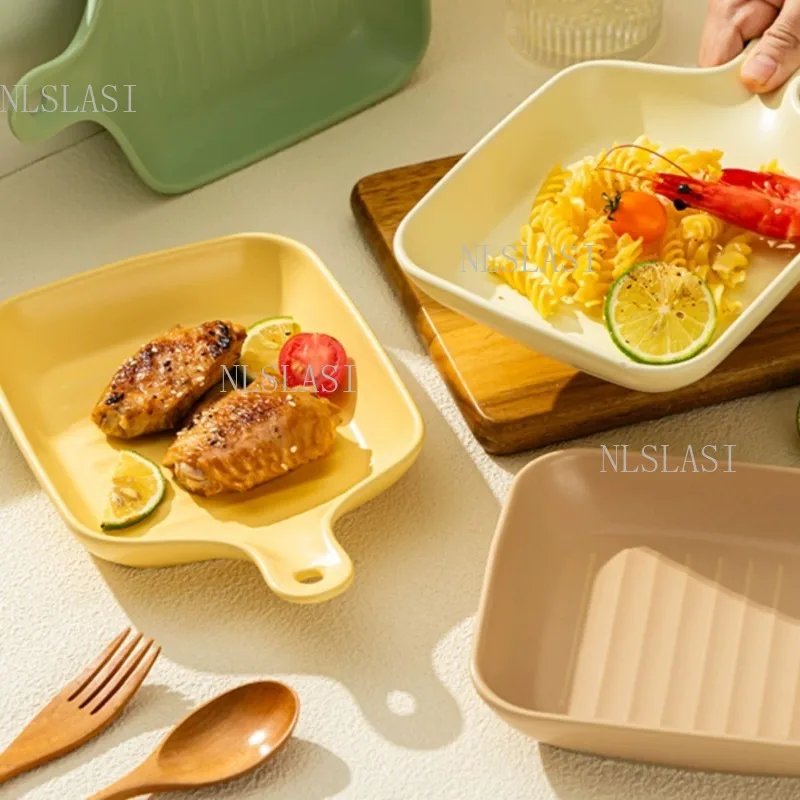 1pc Ceramic Handle Plate Solid Color Plate Single Handle Baking Tray Household Baked Rice Utensils Underglaze Colored Fruit Dish