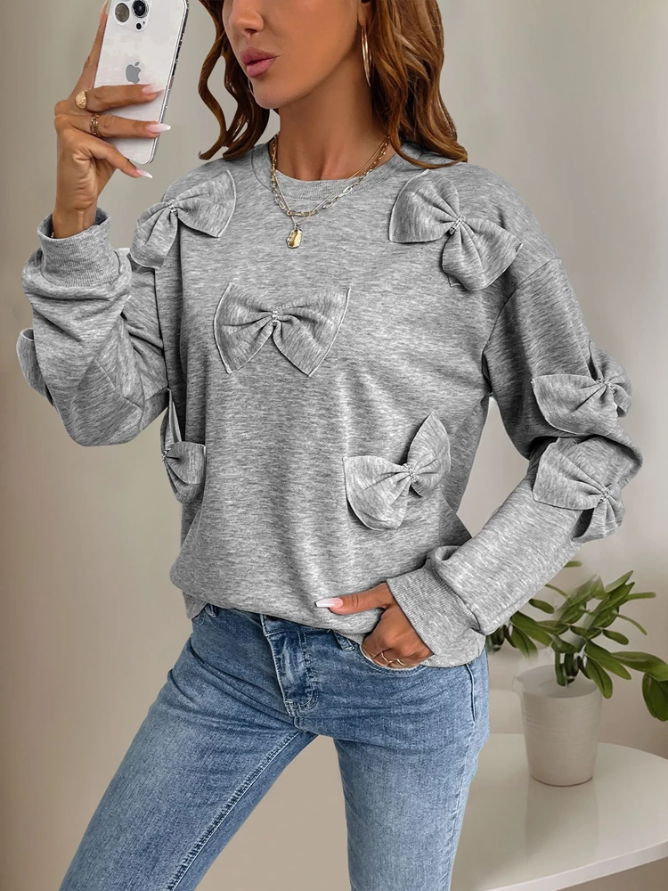 Bowknot Decor Long Sleeve Pullover Round Neck Sweatshirt Top Spring Casual Sporty Wear