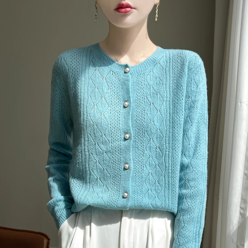 2024 Spring/Autumn 100% Merino Wool New Fashion Women\'s Crewneck Sweater Pearl Buckle Hollow Long Sleeve Knitted Cardigan Women