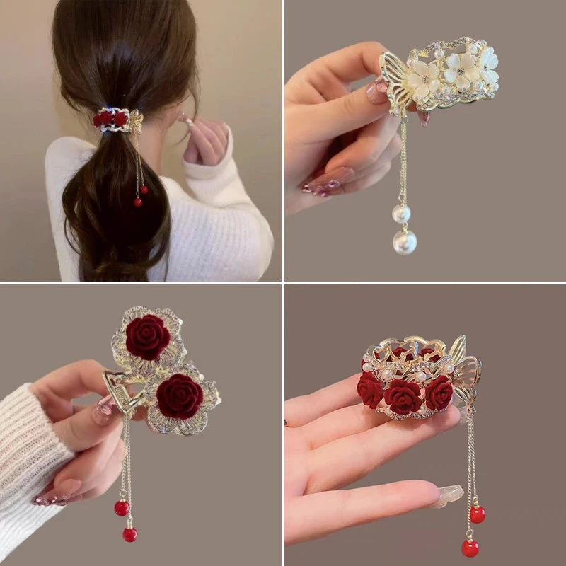 Fashion Rhinestone Tassel Pearl Hair Claws Flowers Hair Clip Women Barrettes Ponytail Holder Hairpins Hair Accessories Gifts