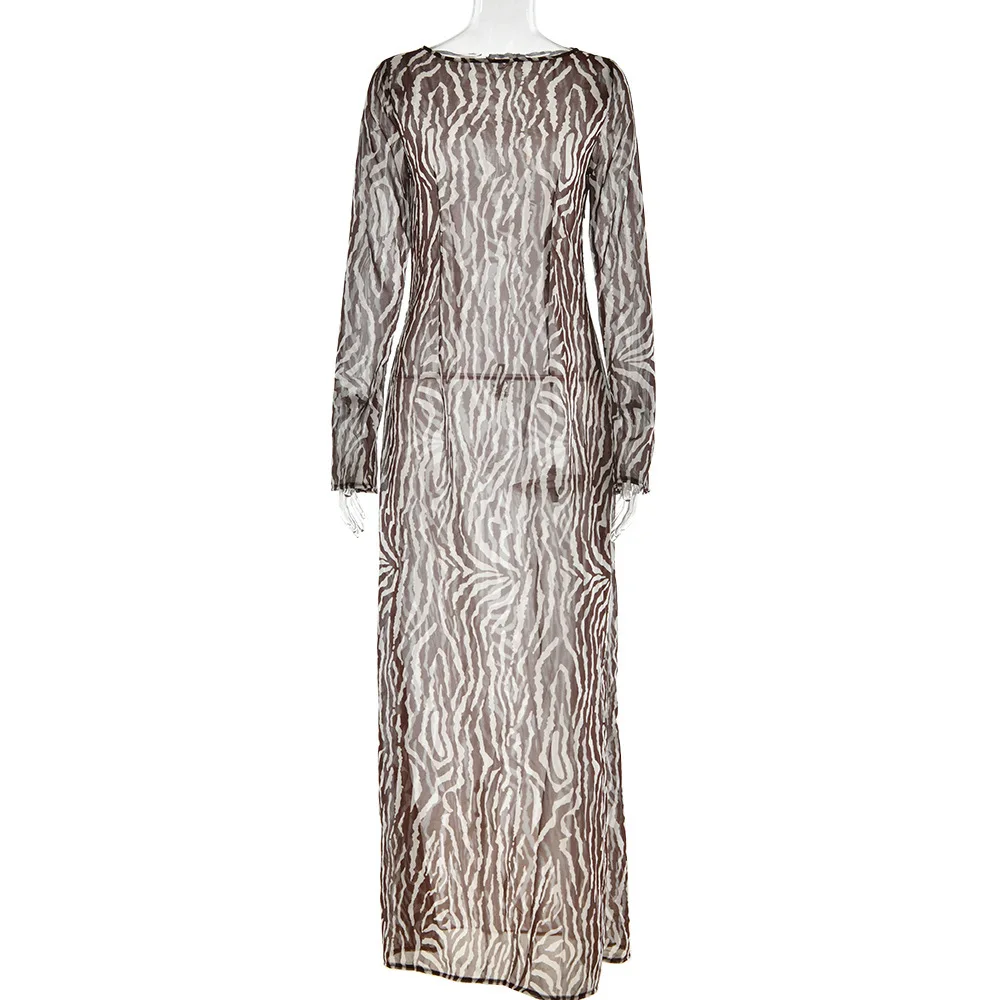 Boho Sukienka Maxi z Nadrukiem, Prześwitująca, Casualowa, z Okrągłym Dekoltem i Długim Rękawem dla Kobiet, Nowy Styl na Jesień i Zimę