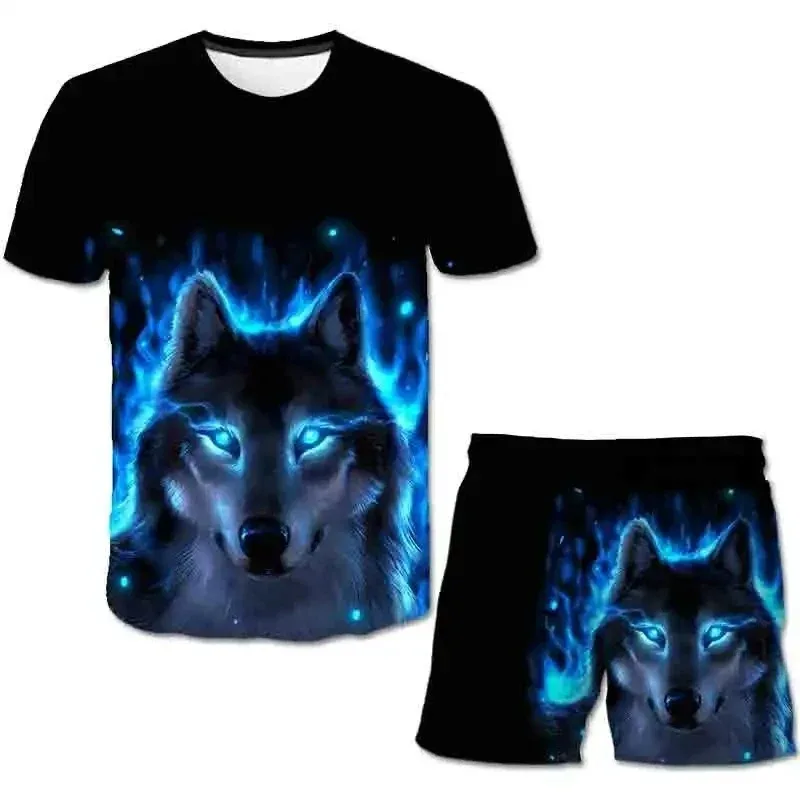 2025 Summer Casual T-shirt Shorts 2-piece Set Fashion High Quality Men's T-shirt Set Animal 3D Printed Wolf Totem