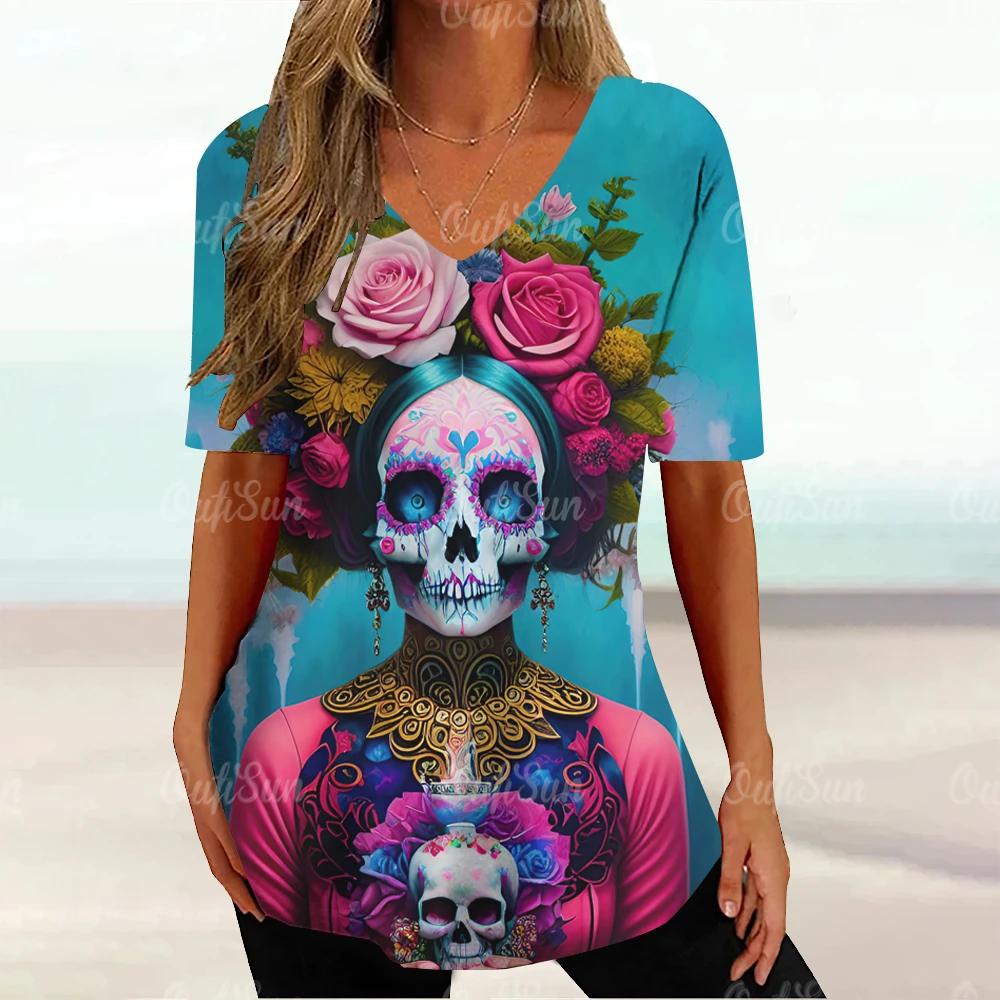 2024 Vintage Skull Face Women\'s T Shirt Tops V Neck Blouses Casual Short Sleeve Pullover Summer Female Harajuku Punk Streetwear