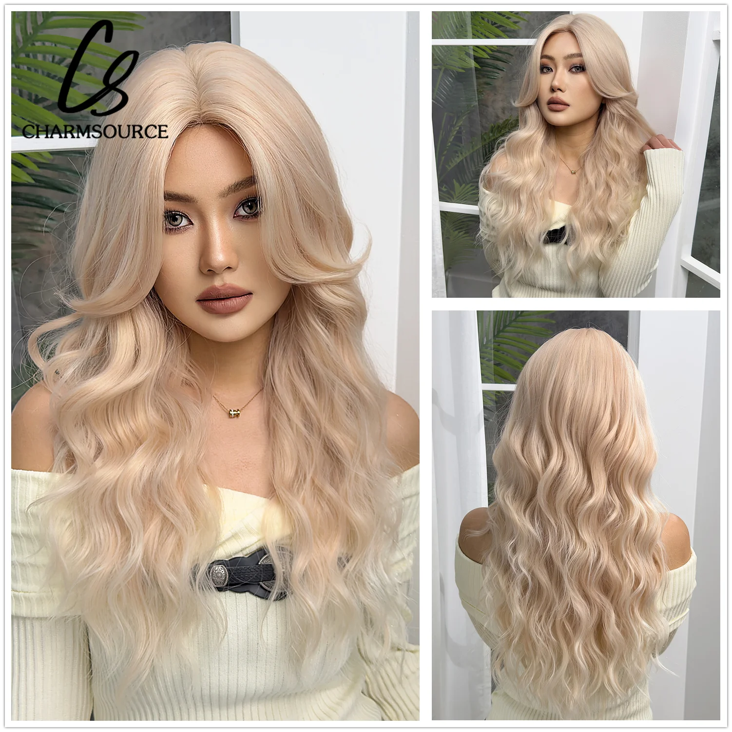 

CharmSource Hairline Lace Wigs Champagne Blonde Synthetic Long Wavy Wig with Long Bangs for Women Cosplay High Density Hair Wig