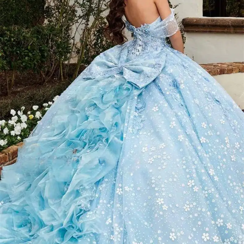 Céu Claro Azul Princesa Quinceanera Vestido, Vestido de baile com flores, Apliques Laço, Doce 16 Vestido, Trem Tribunal, Ocasião Formal