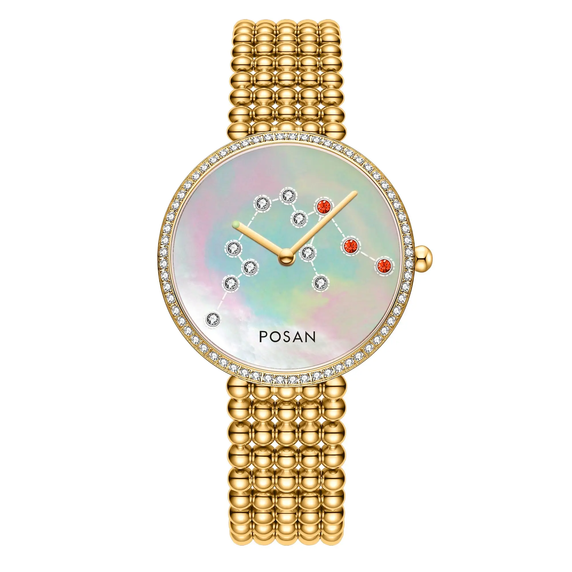 ساعة بوسان كلاسيكية كوارتز للنساء مع قشرة اللؤلؤ ومجموعة الأحجار الكريمة وسوار خرز من الفولاذ المقاوم للصدأ PSW-001C