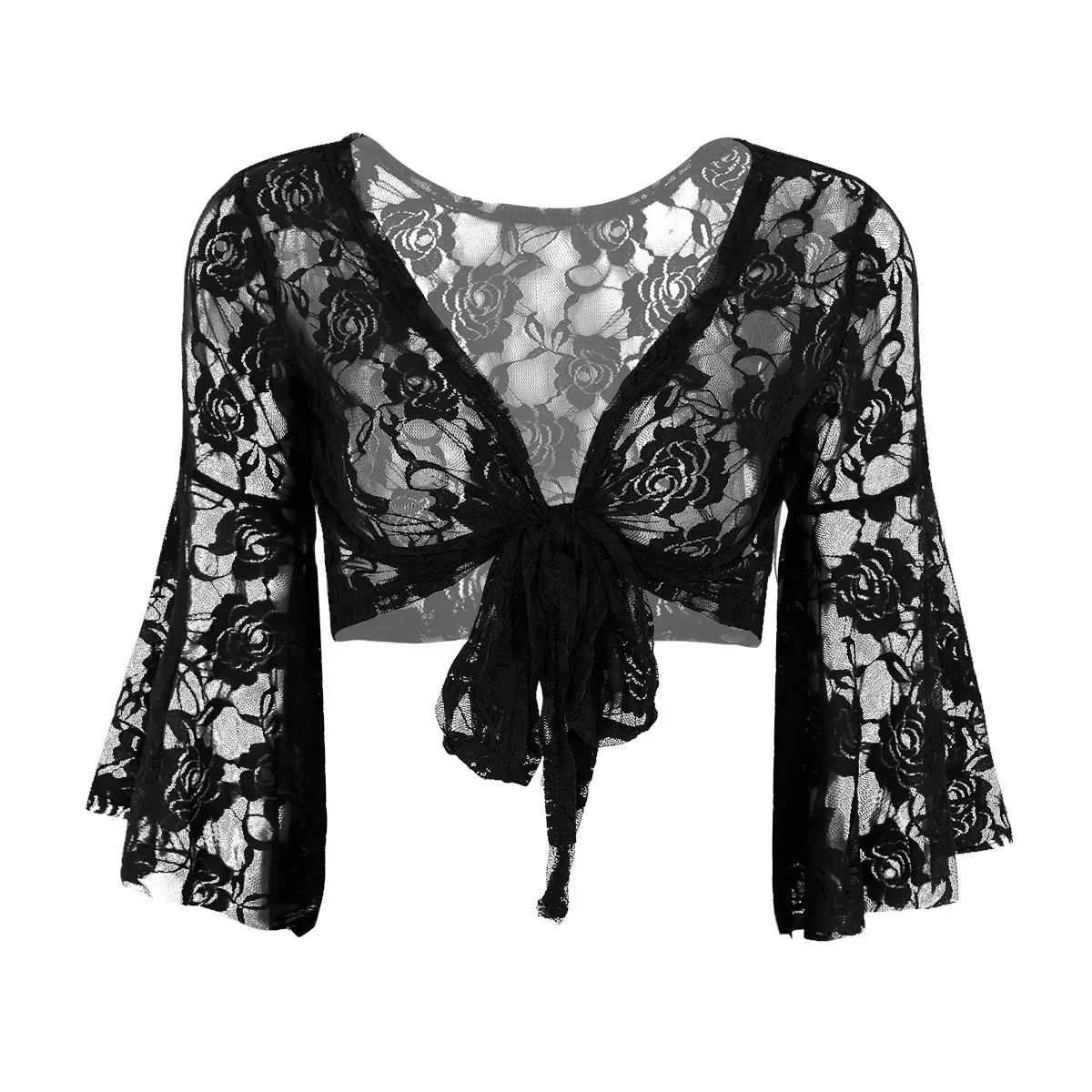 

Womens Long Flare Sleeve Belly Dance Butterfly Lace Top Shrug Gymnastics Cover Up Cardigan Wraps for Stage Performance