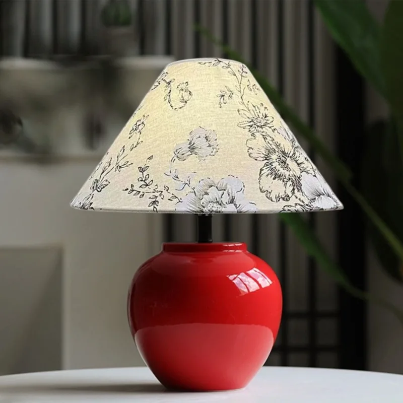 Modern Ceramic Floor Lamps Red Jade Floral Fabric Lampshade Designer Living Room Study Teahouse Artistic Decoration Table Lights