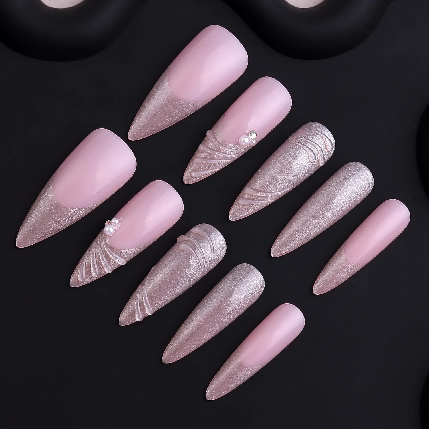 24 قطعة ضغط اللوز الطويل على الأظافر تصميم اللؤلؤ بريق الترتر الفرنسية وهمية مسمار نصائح يمكن ارتداؤها الحلو الكورية أيضًا بقع الأظافر #2