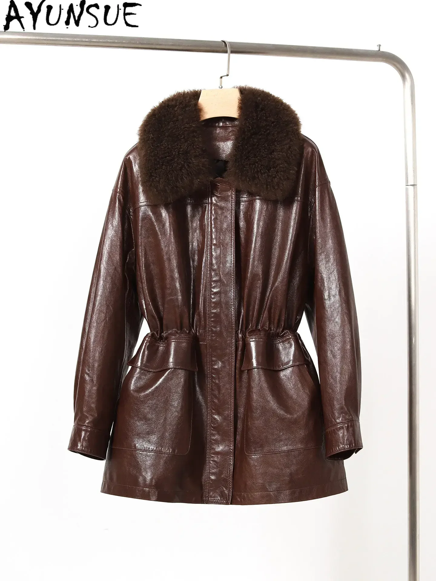 AYUNSUE Natural Sheepskin Real Leather Jacket Women 90% White Goose Down Coat Woman Cashmere Collar Warm Winter Clothes Mid-long