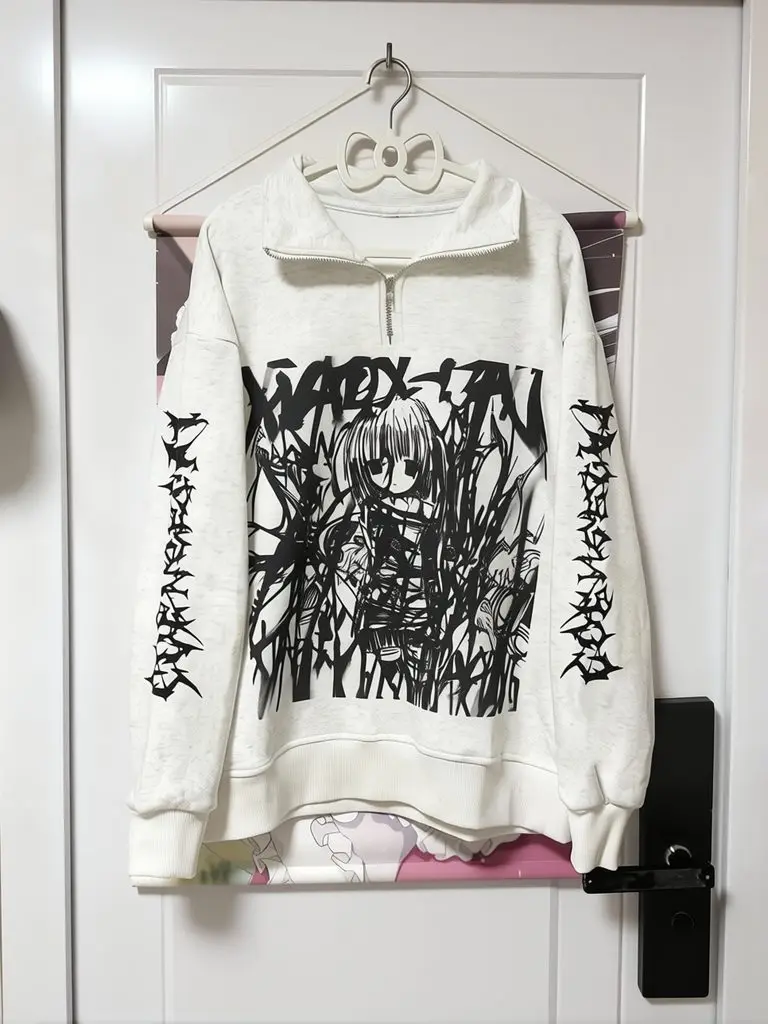 Japanese Stand-up Collar Y2k Long Sleeve Top Women Zipper Polo Neck Anime Oversized T Shirt Autumn Basic Tees Outwear