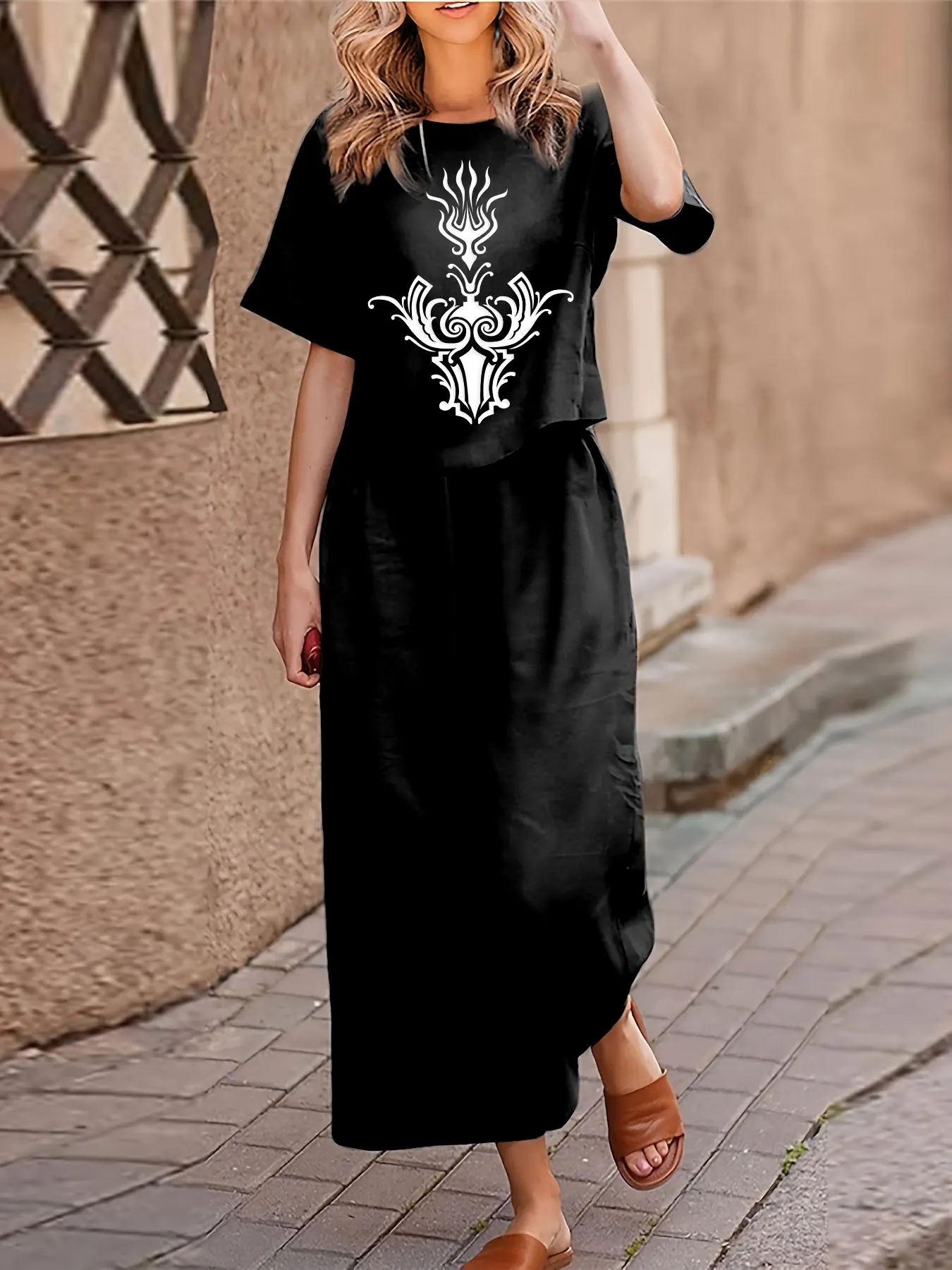 Plus size feminino casual conjunto de duas peças terno impresso manga curta camiseta calças conjunto de duas peças solto crewneck