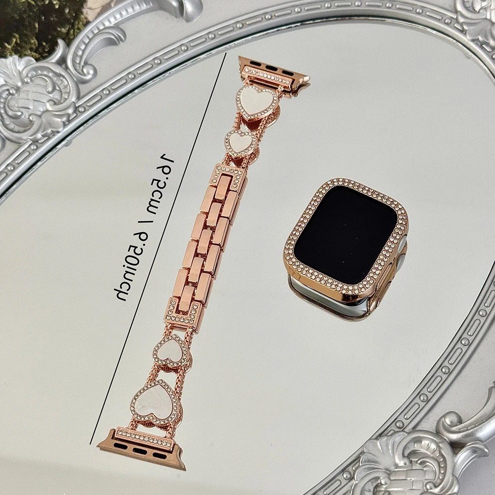 Heart Diamond Embedded Metal Watch Band for iWatch Luxury Women Bracelet Fit 38/40/41/42/44/45/49mm