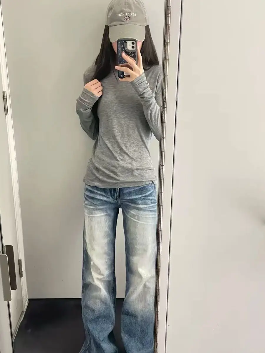 Casual Style Long Sleeve round Neck Grey T-Shirt Women's Early Autumn New Slimming Design Versatile Base Layer Shirt