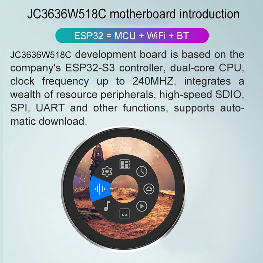 1.8 بوصة شاشة مستديرة 360x360 IPS عرض بالسعة شاشة تعمل باللمس ESP32-S3 مجلس التنمية 8M PSRAM 16M فلاش