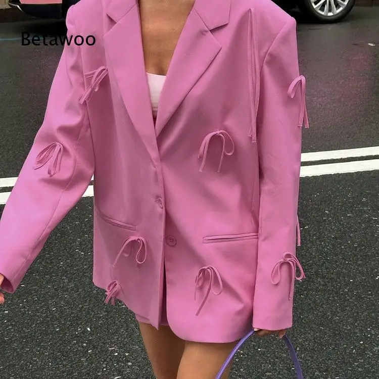 Oversized Blazer Jacket Lapel Collar Two Button Front Decorative Tiny Bow Ribbon All Over Loose Casual Suit Coat