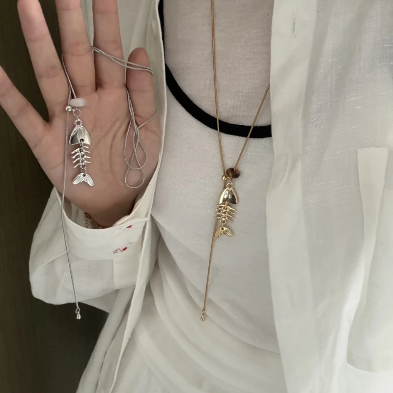 2026 New Fish Bone Pendant Necklace for Women Adjustable Pull Snake Chain Gold Color Long Sweater Chain Fashion Jewelry Gift
