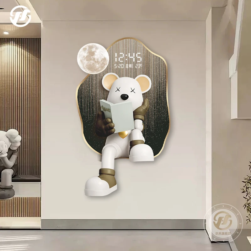 كريم نمط الفن نحت الديكور اللوحة العصرية العلامة التجارية الدب العنيف مدخل ساعة رقمية مضيئة اللوحة الخفيفة