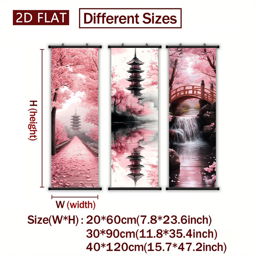 Sakura Ancient Pagoda Water Landscape Scroll Tapestry High Definition Non Fading Wall Hanging Scroll Painting Room Decoration