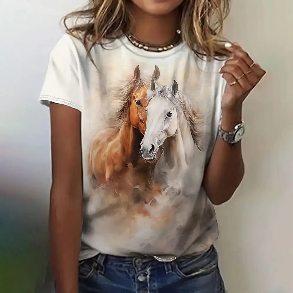 Horse Print T-Shirt Short Sleeve Crew Neck Casual Top For Summer &Spring Women\'s Clothing