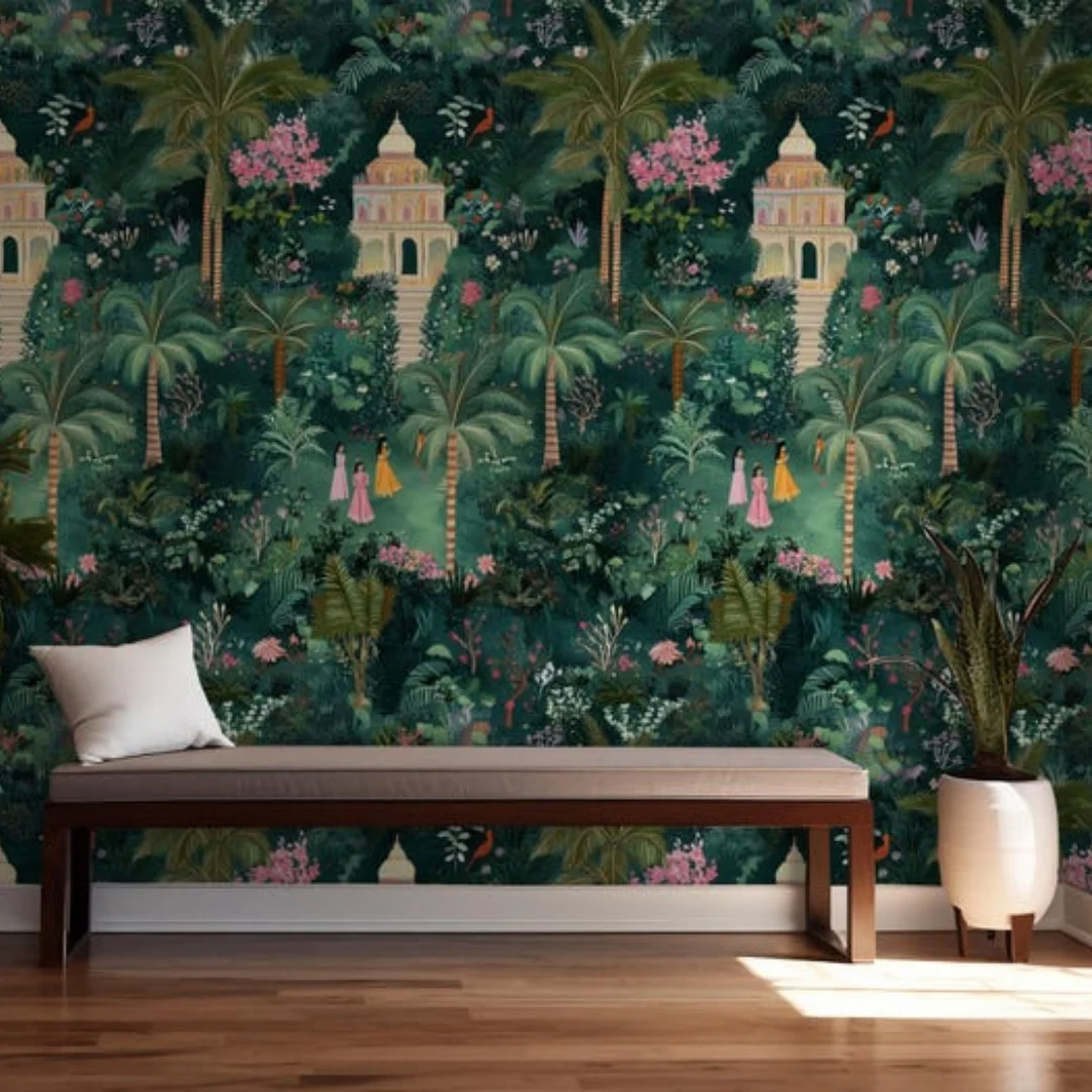 Customized mural forest wallpaper, European retro jungle architectural pattern wallpaper, living room bedroom decoration mural
