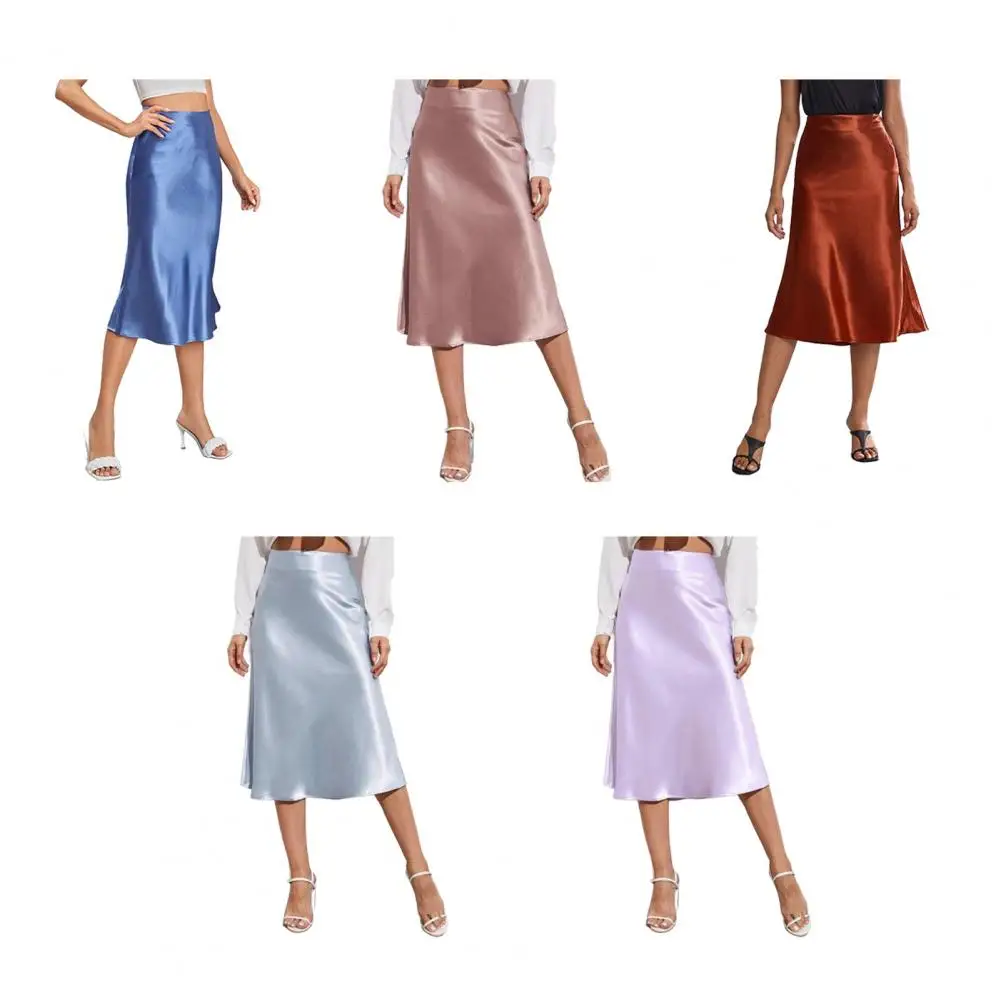 

Корейские модные атласные шелковые юбки для женщин: элегантные миди-юбки с высокой талией, однотонные, для вечеринок, винтажные, для офиса, дышащие