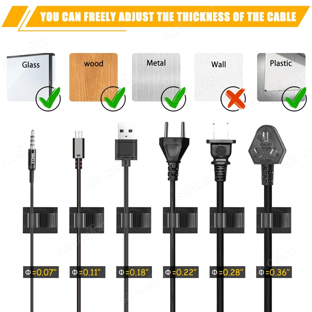 100/10PCS Cable Organizer Self Adhesive Cable Clips Table Cable Management Clamp Adjustable Cord Holder TV Charging Wire Winder