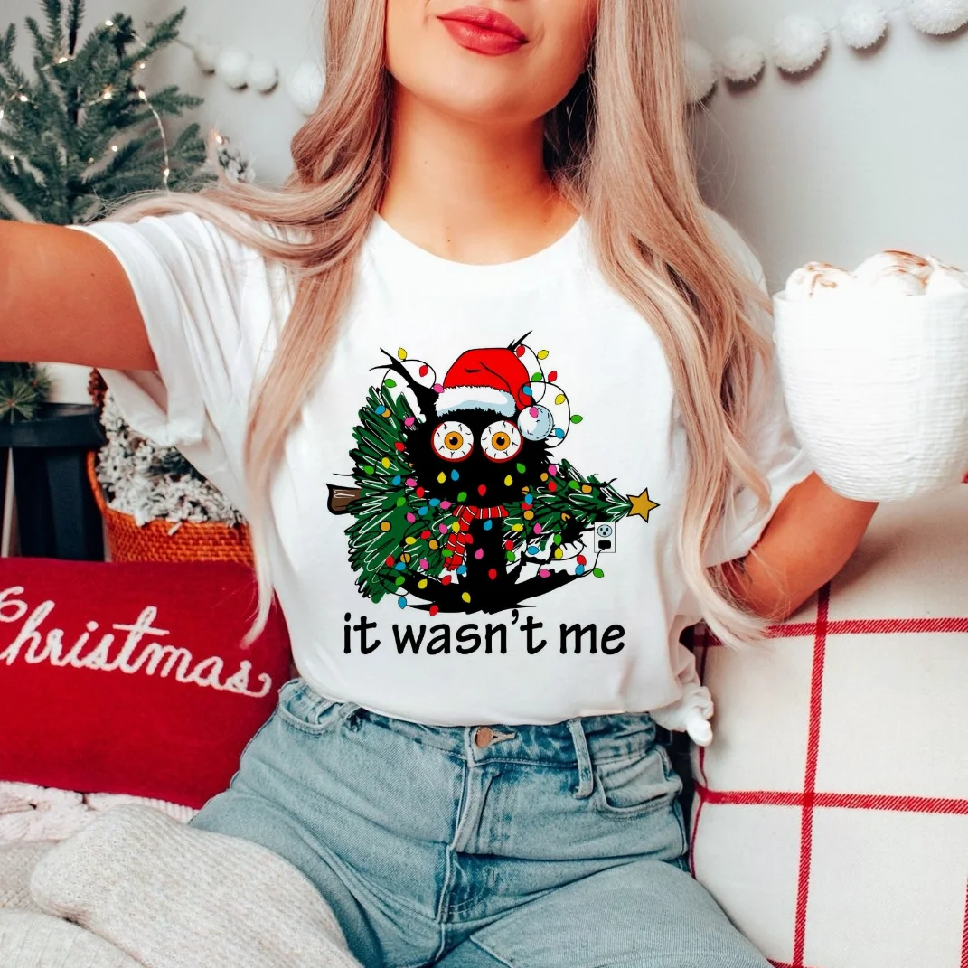 Funny Cat It Wasnt Me T-Shirt New Year Pattern Short Sleeved Women's Clothing Top Round Neck Printed Christmas Holiday T-Shirt