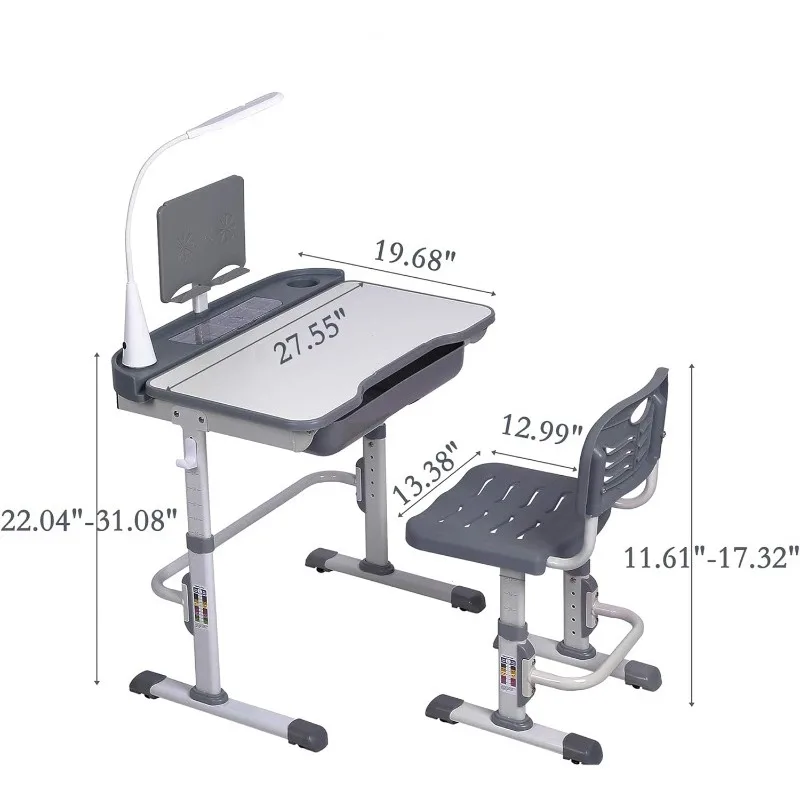 Kids Desk and Chair Set, Height Adjustable Child's School Study Writing Tables with Tilt Desktop, LED Light, Storage Drawer