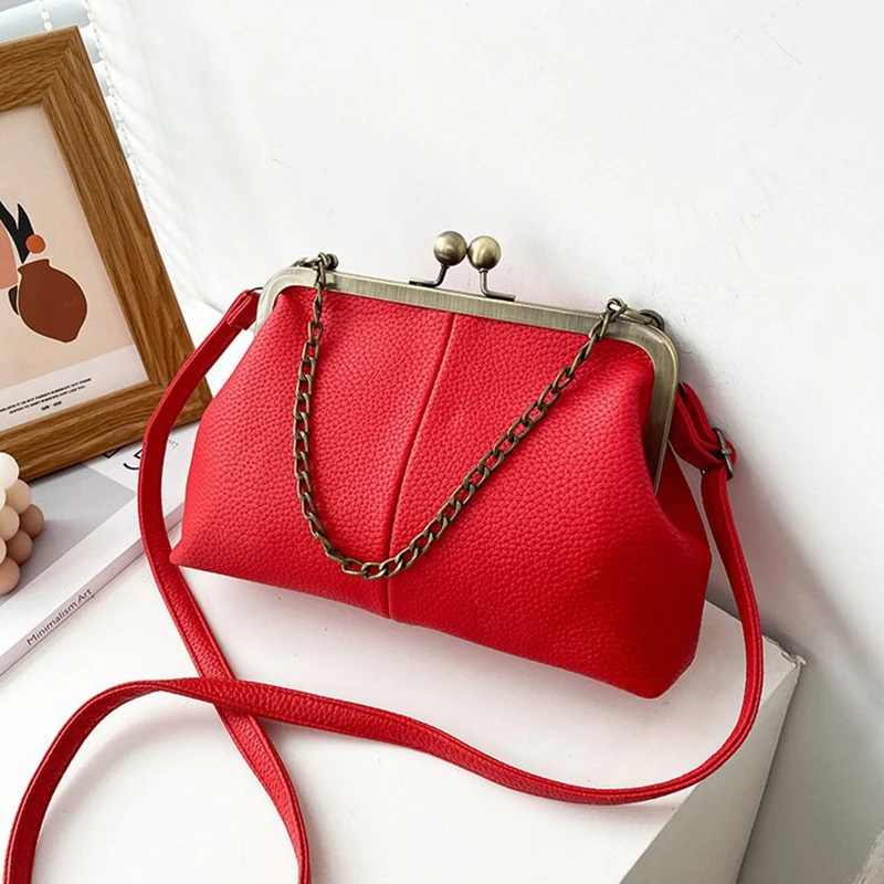 Vintage Soft Skin Shell Tasche Neue Lychee Muster Handtasche Einfache und vielseitige Umhängetasche Clip Kette Umhängetasche Damen Tasche – Detail 27