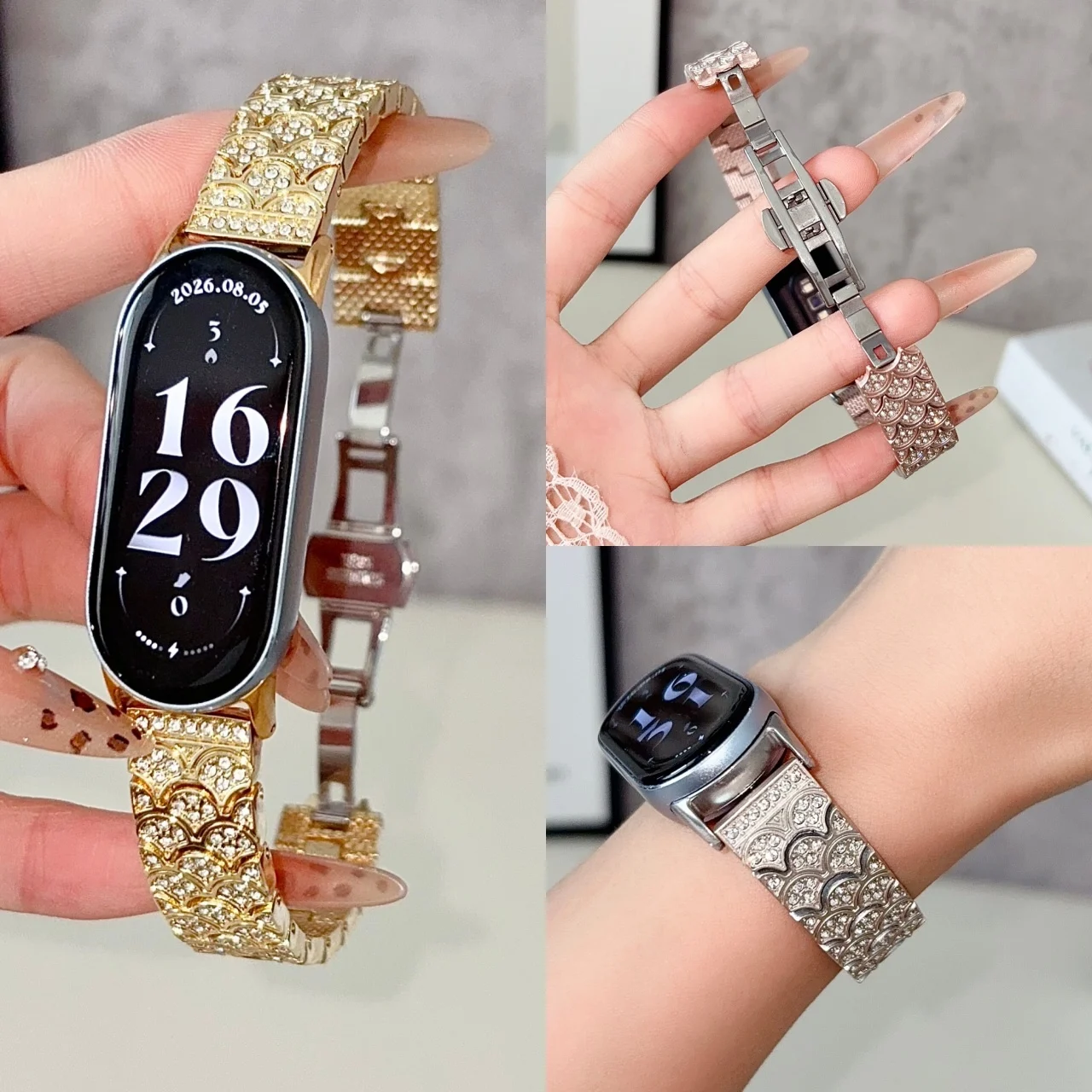 Glitter Mermaid Scale Rhinestone Zinc Alloy Strap For Xiaomi Band 8 9 10 Pro For Redmi Watch 4 5 6 Colors Luxury Metal Wristband