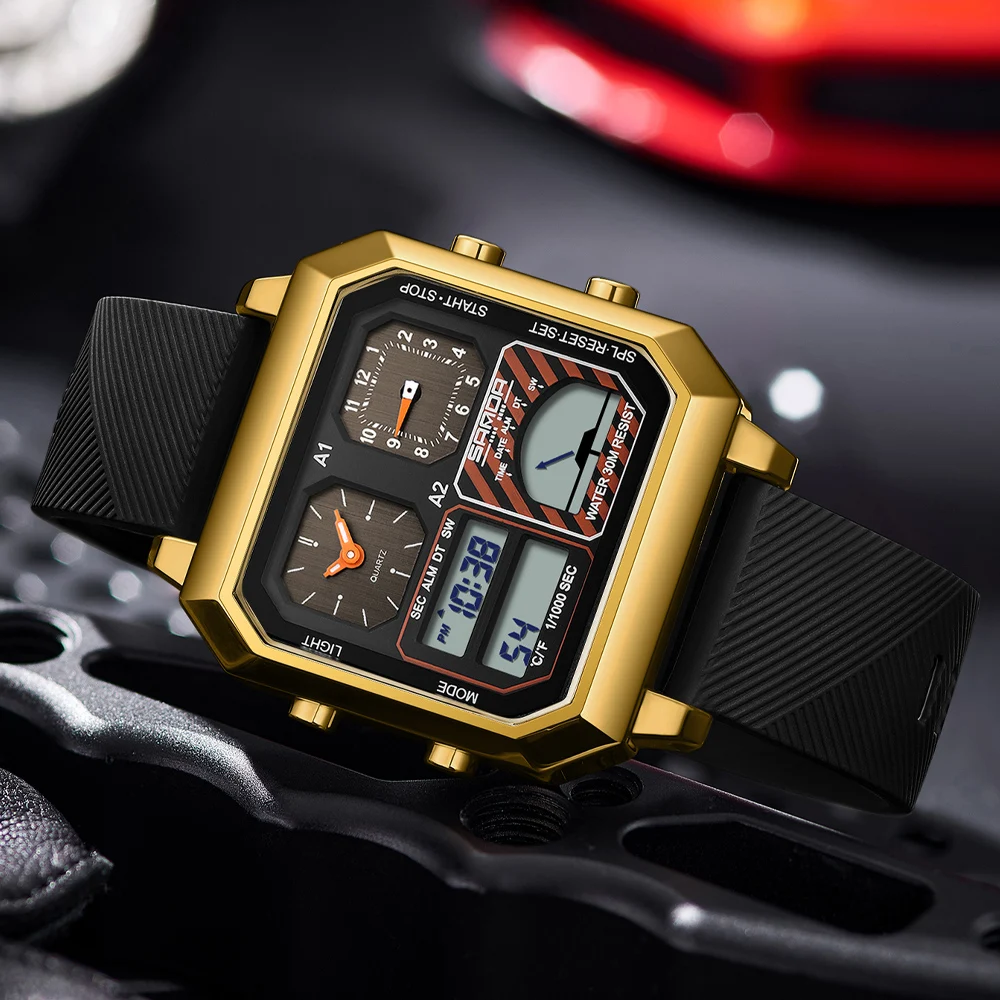 SANDA Men's Watch Square Dial Stopwatch Week Display Wristwatch Men Quartz Digital Waterproof Luminous Watches Man Clock