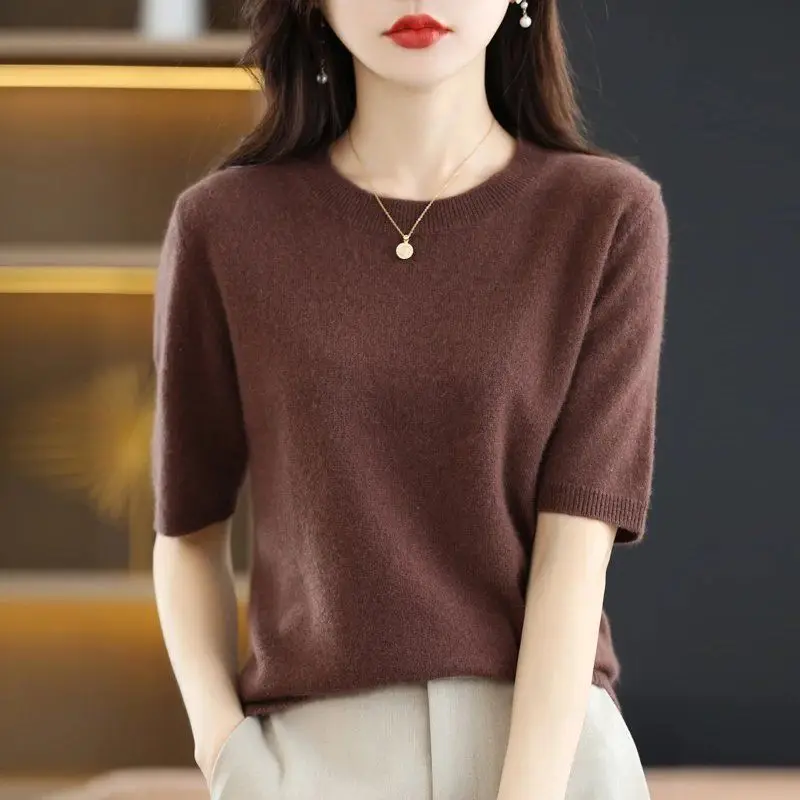 Summer Women\'s Clothing Round Neck Solid Color Pullover Sweater Knitted Short Sleeve Screw Thread Elegant Comfortable Tops