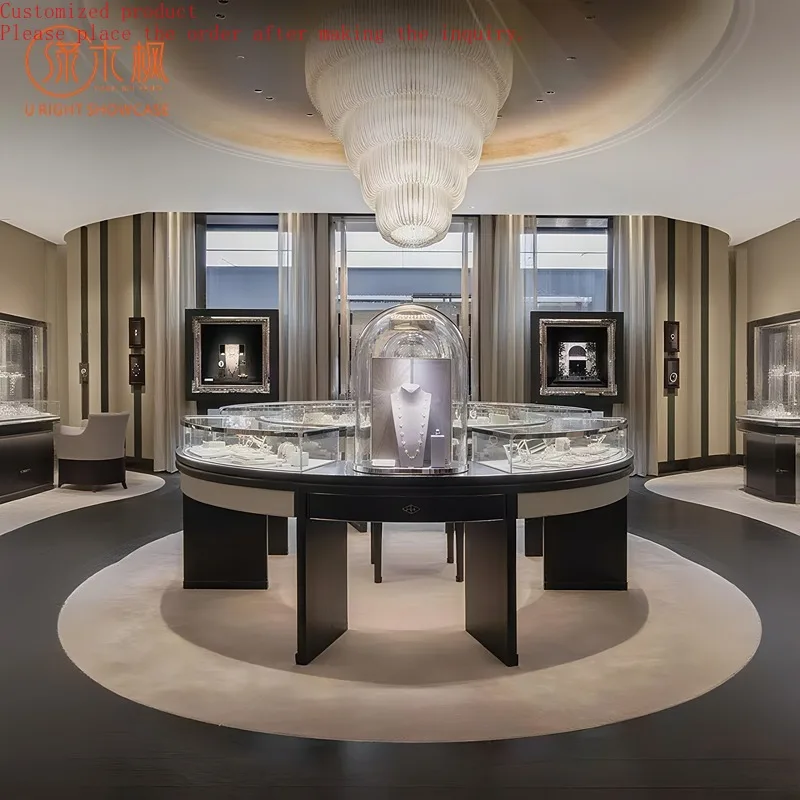

Custom.Custom Dark Tone Luxury Jewelry Showcases: Arc 360° Display and Bespoke - Layout High - End Retail Cabinets