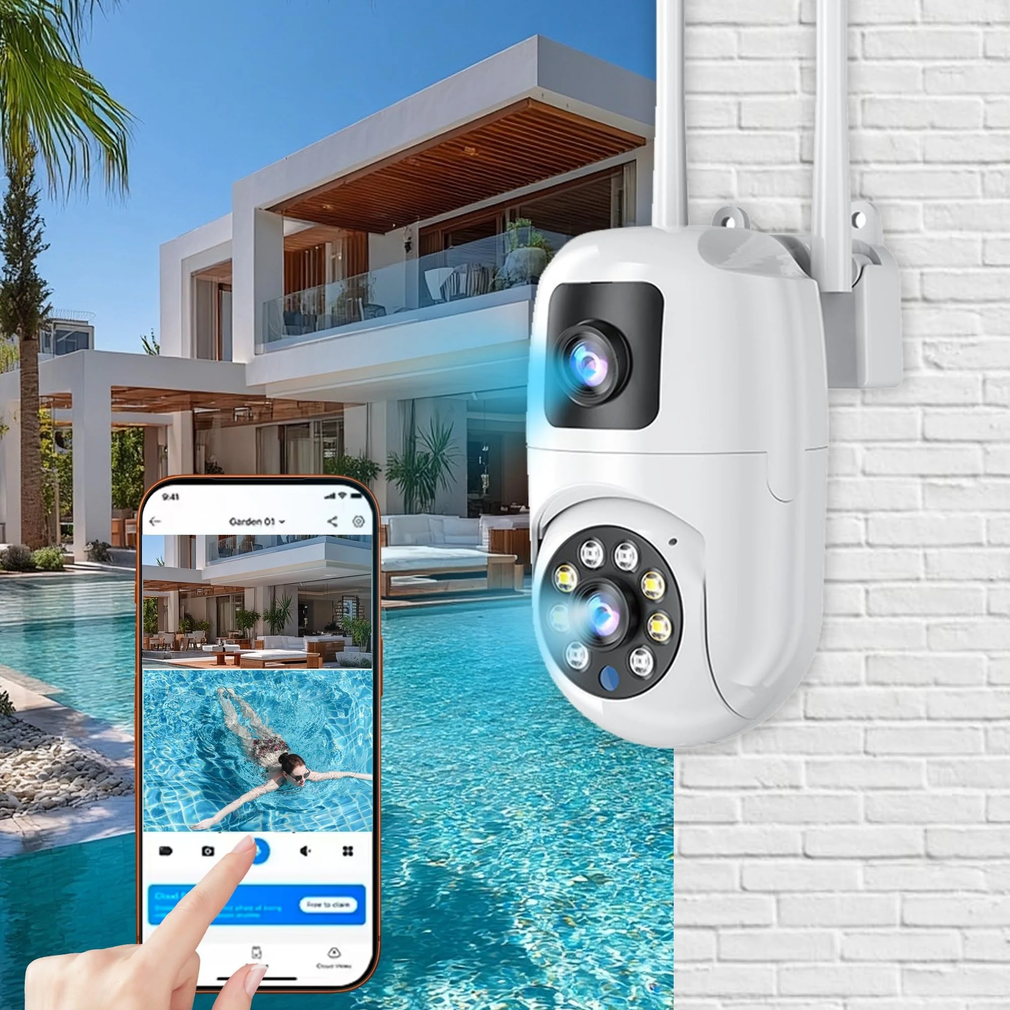 Waterproof Dual Lens WiFi PTZ Camera Outdoor 360° View Full‑Color Night Vision Sound‑Light Alarm Home Security Surveillance Cam