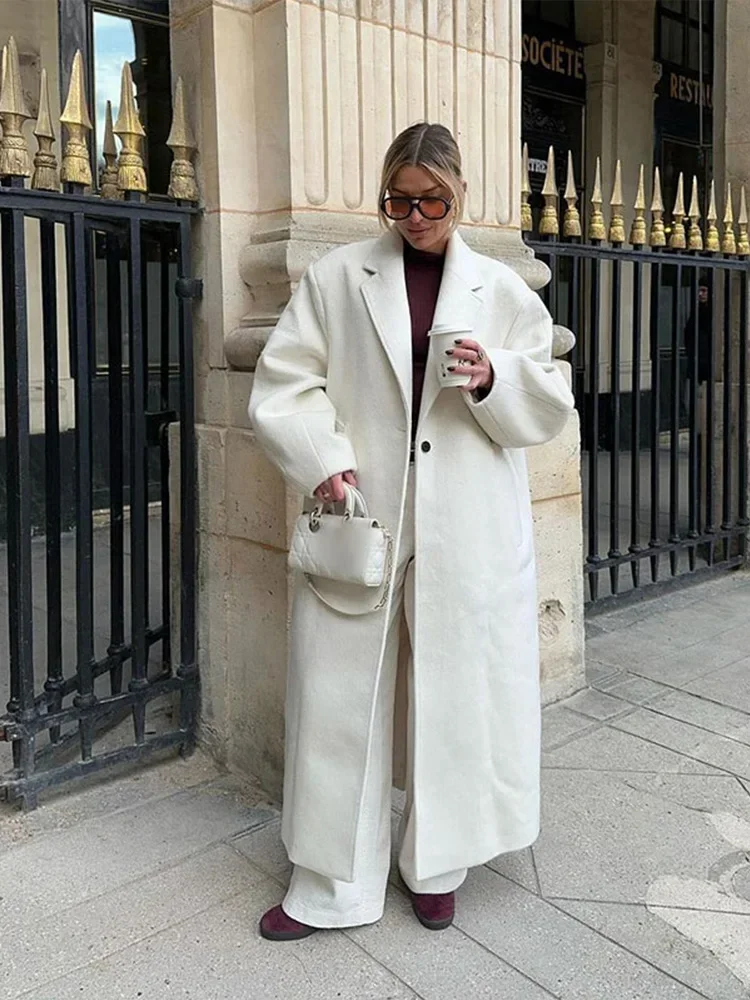 Herfst Nieuwe Witte Revers Lange Mouw Wollen Jas Vrouwen Mode Één Knoop Oversized Lange Overjas 2024 Casual Dame Hoge Streetwear