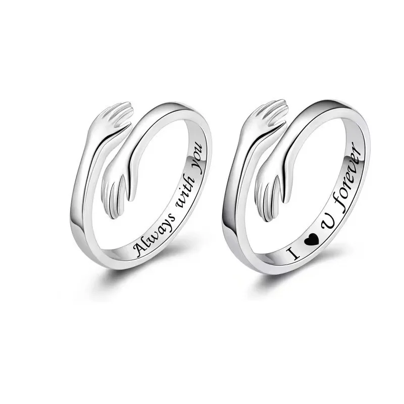 Lettering Silver Color Warmly Embraced Love Hug Open Ring Women Cute Couple Creative Hands Embracing Adjustable Rings Jewelry