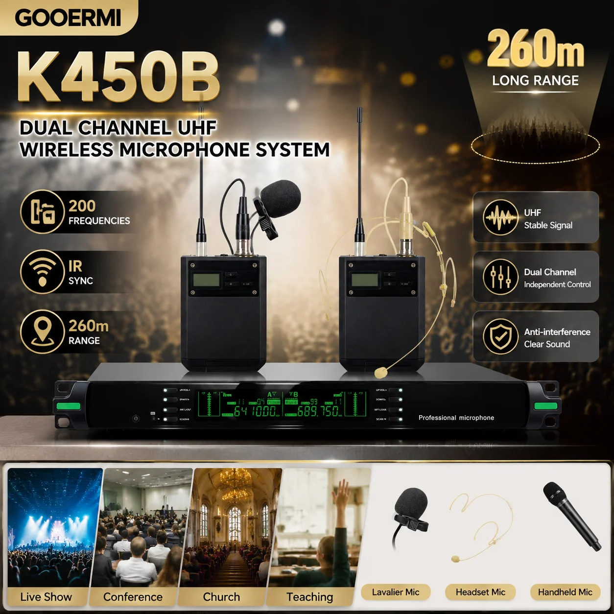 GOOERMI K450B Dual Channel UHF Wireless Microphone System 200 Frequencies IR Sync 260m Range Handheld Lavalier Headset Mic Set