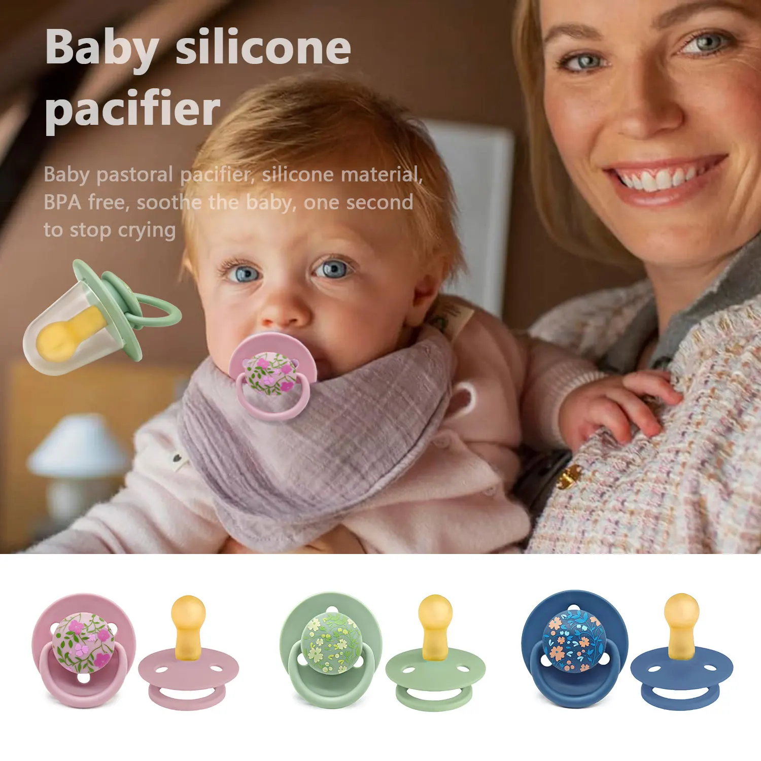 

0-36 months baby food grade silicone pacifier + pacifier chain, macaron color and textured flower print Party gifts